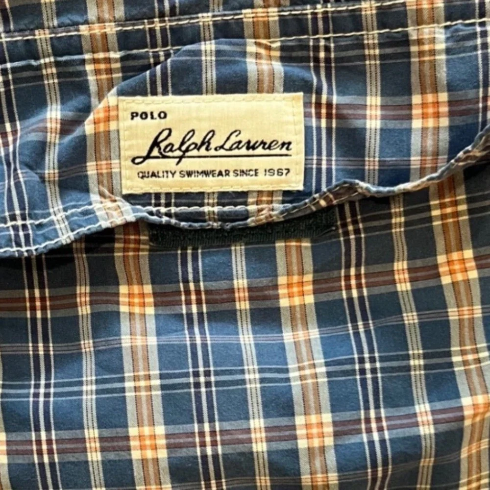 Polo Ralph Lauren Mens Blue Orange Plaid Swim Trunks‎ L Lined 6 Inch Inseam